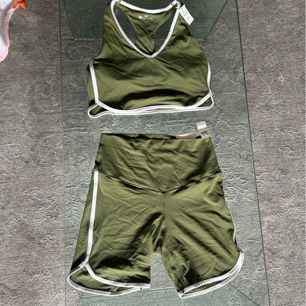 Olive Green Active Set with White Trim - Sports Top & Shorts